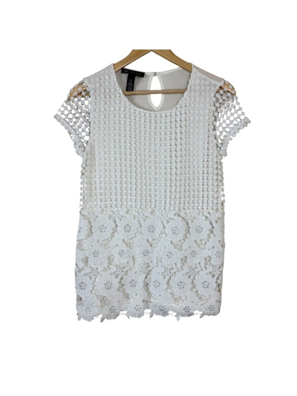 INC Ivory Shirt Crochet Overlay Floral Rhinestone Short Sleeve Rayon Stretch XS
